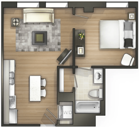 Floor plan for 1 bed, 1 bath, 511 sqft